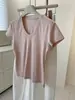 ¡Gran Textura~ Camiseta Lisa de Cuello en U Profundo para Mujer! Estilo de Verano, Versátil, Ceñidor de Cintura, Adelgazante, Camiseta de Manga Corta para Figuras Pequeñas