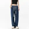 Jeans Retrô Americano Versátil para o Dia a Dia Unissex Novo Solto Reto Slim Lavado Calça Wide-Leg