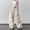 Pantalones cargo de mujer color albaricoque, nuevo estilo primavera/otoño 2025, plisados, retro americano, casual, holgados, pierna ancha extragrandes, largos