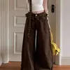 Calça Jeans Reta Wide-Leg com Design Patchwork Xadrez Vintage 2025 Slim-Fit Moda Feminina Estilo Coreano
