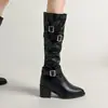 Botas altas que aumentan la altura para mujeres petite estilo 2026 otoño/invierno forradas de polar botas de montar retro de caña alta tacón grueso botas holgadas
