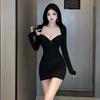 Moda de Estilo Occidental de Manga Larga con Escote Bajo Falda Ajustada Elástica que Abraza las Caderas Nueva Primavera y Otoño 2025 Vestido Sexy Sexy para Mujer