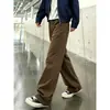 Pantalones de Trabajo de Mezclilla Pura Color Café Tiburón Gill Estilo Retro Americano Pierna Recta Suelta Ligeramente Acampanados para Hombre
