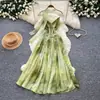Vestido verde degradado estilo vacacional francés para mujer, verano, cuello en V, tirantes finos, ceñido a la cintura, línea A, tie-dye, largo, atmosférico