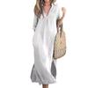 Vestido de Verão Quente Mais Vendido para Mulheres Europeias e Americanas no Site Independente da Amazon com Fendas Laterais, Decote em V, Mangas 7/8 e Busto Franzido