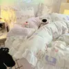 Conjunto de Cuatro Piezas de Encaje Estilo Coreano Estilo Princesa Algodón Puro para Niñas, Funda Nórdica Estilo Sábana Ajustada de Algodón Todo Algodón que Reduce la Edad, Conjunto de Tres Piezas para Dormitorio