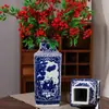 Jarrón cuadrado de porcelana azul y blanca de Jingdezhen, adorno de pie, jarrón de cerámica pintado a mano, decoración de cerámica para almacenamiento y arreglo floral