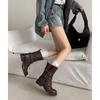 Botas de Couro Bovino Texturizado Super Descoladas e Modernas para Meninas 2025 Salto Médio Grosso Bico Redondo Couro Genuíno Cadarço Botas Curtas
