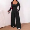 Comercio Electrónico Transfronterizo Europeo y Americano Manga Larga Moda Femenina Casual Bolsillo Pantalones de Pierna Ancha Simple Ajustado Color Sólido Favorecedor de Figura Mono