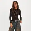 Camiseta de Malla Transparente con Decoración de Pedrería, Estilo Sexy y Atractivo Primavera-Verano, de Venta Caliente en Amazon, de Manga Larga para Mujer