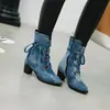 Botas Femininas de Comércio Exterior Jeans Inverno Novo Estilo Coreano Botas com Cadarço Sapatos de Salto Grosso Botas de Motocicleta Botas Curtas de Salto Alto