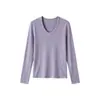 Camiseta Básica de Tricô Listrada com Gola U em Lyocell Tencel Acetato Lã de Ovelha, Manga Longa Outono/Inverno, Em Estoque