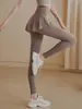 Calça Esportiva de Yoga Plus Size com Cintura Alta, Falsa Peça Dupla, Cobre o Quadril, Respirável, Elástica, Justa, Saia Shark para Corrida e Fitness