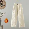 Calça Feminina Acolchoada de Algodão 25 Inverno Novo Cintura Elástica Linho Quente Perna Larga