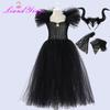 Vestido de Bruja de Malla Negra Disfraz para Fiesta de Halloween Infantil Reina Maligna Cos Vestido Femenino Falda de Malla