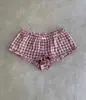 Shorts Casuais Xadrez Rosa e Marrom Estilo Coreano Y2K com Babados para Mulheres, Cintura Elástica, Estilo Ins com Laço e Botão, Shorts Finos