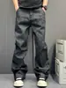 Calça Jeans Masculina Retrô Americana Lavada Preto Cinza Desgastada Botão Solta Reta Perna Larga Comprimento no Chão Tendência