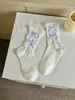 Calcetines de Encaje de Color Puro con Lazo Pequeño, Tendencia Ins Coreana, de Algodón para Mujer, Lindos, Lolita, Delgados, hasta la Mitad de la Pantorrilla