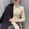 Camiseta Básica de Mujer con Cuello Alto de Pelo y Suéter de Diamantes Brillante Ajustado de Color Sólido de Manga Larga
