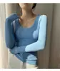 Camiseta de algodão de alta elasticidade com gola U para usar por baixo, feminina, manga longa, novidade primavera e outono 2025, gola redonda, sexy, modelagem justa, top versátil