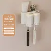 Dispensador de pasta de dientes blanco crema montado en la pared, Juego de vasos para cepillos de dientes colgantes sin perforaciones para baño