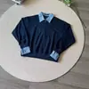 Moletom Miu com Gola Polo e Patchwork Pied-de-Poule para Homens e Mulheres Estilo Retro Americano Falso Duas Peças Meio Zíper Estilo Old Money