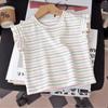 Camiseta de Verano para Niñas Bebé Elegante Infantil Moderna Marca Versión Coreana Bloque de Color Rayas Encaje Manga Aleteo Top de Moda