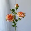 Flores Artificiais para Uso em Casamento, Rosas Atacado Transfronteiriço Flores Falsas, Rosas com Borda Queimada de 3 Cabeças, Flores Artificiais para Arranjo de Cena, Flores de Seda