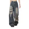 Jeans rotos de diseño retro de alta costura de nicho estilo americano para hombre, pantalones de otoño de cintura alta, holgados, estilo callejero, largos hasta el suelo