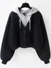 Suéter com Capuz Falso de Duas Peças Feminino 2025 Primavera e Outono Novo Nicho Design Americano Solto Estilo Preguiçoso Jaqueta Cardigan