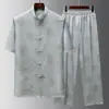 Traje Tang de Manga Corta para Hombres de Edad Media y Mayores, Traje de Tai Chi para Papá de Edad Media y Mayor, Traje de Dos Piezas Casual de Seda Helada para Verano