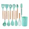 Utensílios de cozinha de silicone transfronteiriços 12 peças panela antiaderente espátula espátula cabo de madeira barril ferramenta de cozinha terno