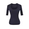 Camiseta Cinza de Algodão com Gola U e Manga Curta para Mulheres, Verão Simples Versátil Estilo Americano Slim-Fit Cintura Marcada Top