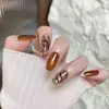 Otoño e Invierno Gato Marrón Ojo de Gato Patrón de Cebra Maillard Chica Picante Suave Deseo Puro Uñas Portátiles Hechas a Mano Pressonnails