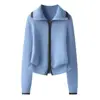 Abrigo de Lana Patchwork Bloque de Color Doble Cremallera Solapa para Mujer Holgado Versátil Viaje Ceñidor de Cintura Cardigan 100% Lana Pura Grueso
