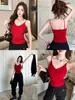 Colete Básico Slimming com Alças, Decote V Plissado na Cintura, Estilo Spice Girl, com Bojo, Lindo Costas Cruzadas Roupa Íntima