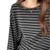 Venta al por mayor de fábrica otoño e invierno Nuevo cuello redondo a rayas holgado talla grande chica rellenita manga larga camiseta top casual versátil para mujer