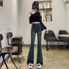 Calça Flare Cinza Cimento Primavera e Outono Novo Vintage plus size gordinha Cintura Alta Emagrecimento Barra até o Chão Micro Flare Jeans para Mulheres