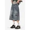 Pantalones Cortos de Mezclilla Finos de Verano para Hombre Estilo Americano Retro Sueltos de Longitud Media Pantalones de Cinco Puntos Versátiles de Calle Tendencia Graffiti
