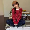 Suéter listrado estilo coreano para meninas, cardigã de tricô, caimento justo, blusa de manga comprida para o início do outono, moderno