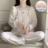 Pijama de Primavera e Outono para Mulheres com Bojo, Calça Longa de Peça Única, Conjunto de Roupa para Casa Fina de Algodão Nuvem Doce Coreano