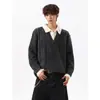 Suéter de Punto Trenzado Cuello en V Falso Dos Piezas Estilo Old Money Retro para Hombre Otoño Invierno Jersey con Solapa Atmósfera