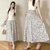 Saia Midi Floral Estilo Francês para Gestantes, Nova Coleção Verão 2026, Cintura Alta Franzida, Corte Evasê, Com Caimento, Comprimento Médio