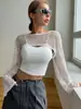 Top Cruzado de Renda Europeu e Americano Cor Lisa Recortado Primavera e Outono Casual Manga Longa Recortado Camiseta Casual Ultra Curta Roupa Feminina