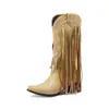 Botas de Cano Alto Apontadas Bordadas com Franjas Outono 2023 Botas de Couro com Rebites Moda Europeia e Americana Botas de Manga Salto Médio Comércio Exterior