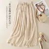 Pantalones Falda Anchos Bordados de Ramio para Mujer, Nuevo Estilo de Verano, Cintura Alta Elástica, Pantalones Rectos con Caída, Pantalones Casuales Ligeros de Algodón y Lino