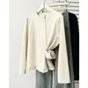 Outono Novo Estilo Coreano Temperamento Bainha Franzida Poá Manga Longa Blusa Feminina Plus Size MM Camiseta Redutora de Idade Top 1038
