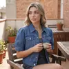 Jaqueta Jeans Feminina Europeia e Americana de Comércio Exterior Transfronteiriço Amazon com Gola Lapela, Mangas Bufantes, Fechamento por Botão Único e Design de Bolso