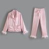Camisa de Cetim Decorada com Penas Feminina + Calça Rosa Nova Primavera 2022 Moda Retro Estilo Ocidental Terno