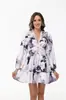 Em Estoque 2023 Primavera Europeia e Americana Feminino Nova Moda Estilo Comércio Exterior Doce e Elegante Estampado Decote V Renda Vestido Curto